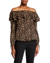 Michael Michael Kors Leopard Off-the-shoulder Ruffle Peasant Top In Dark Camel