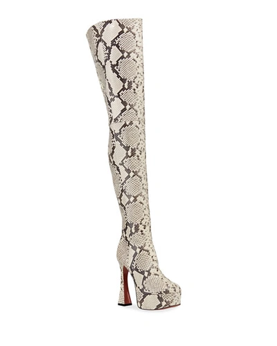 Amina Muaddi Dua Snake-print Thigh-high Boots In Neutral Pattern