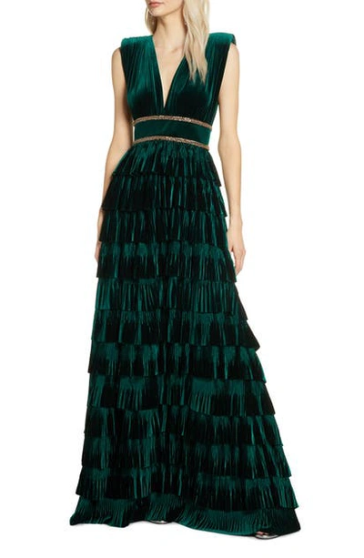 Bronx And Banco Deep V-neck Sleeveless Tiered Velvet Gown W/ Waist Trim In  Emerald | ModeSens
