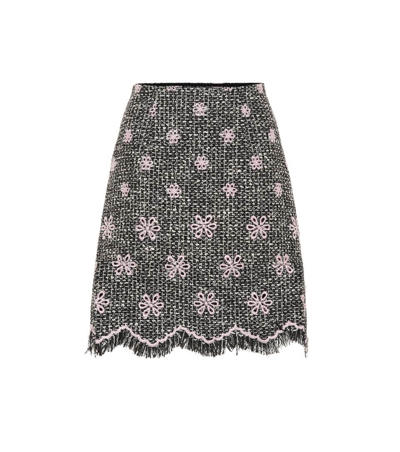 Giambattista Valli Floral-embroidered Cotton-blend Tweed Skirt In Black