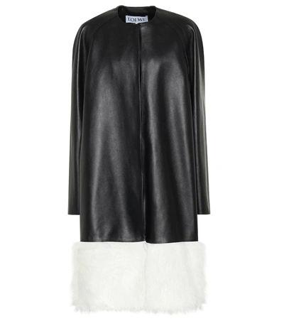 Loewe Shearling-trimmed Collarless Leather Coat In Black