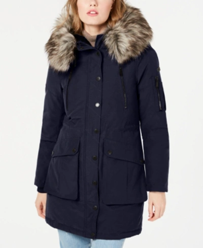 Bcbgeneration Faux-fur Trim Hooded Anorak Puffer Coat In Navy
