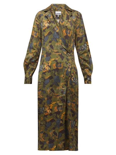 Ganni Camouflage-print Satin Wrap Dress In Kalamata