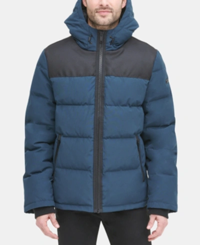 Dkny Men's Mixed-media Puffer Coat, Created For Macy's In Blue Steel