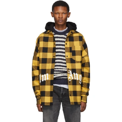 Palm Angels Hooded Plaid Shirt Jacket In Yellow