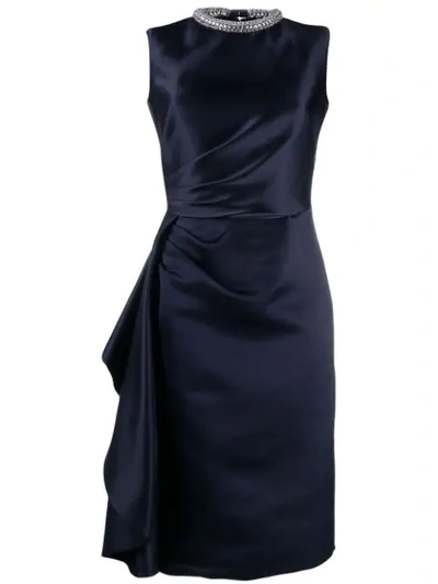 Alexander Mcqueen Crystal-embellished Ruched Silk Knee-length Dress In Midnight Blue