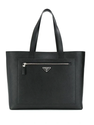 Prada Logo Plaque Tote Bag In Black