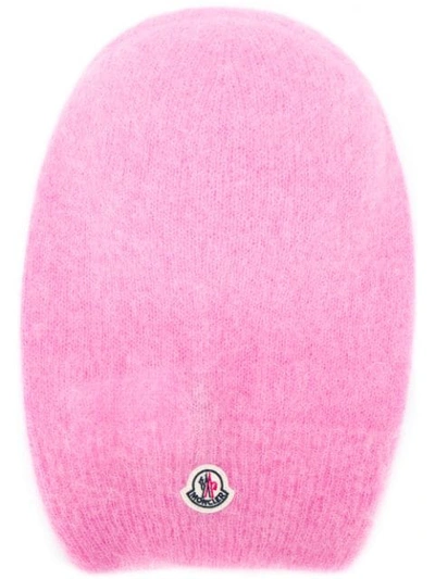 Moncler Logo Plaque Beanie Hat In 545 Pink 