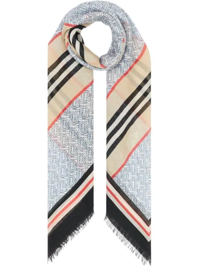 Burberry Icon Stripe Monogram Print Wool Silk Square Large Scarf In Blue