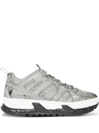 Burberry Metallic Leather And Nylon Union Sneakers In Silver ModeSens