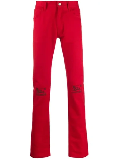 Raf Simons Slim-fit Embroidered Knee Jeans In Red