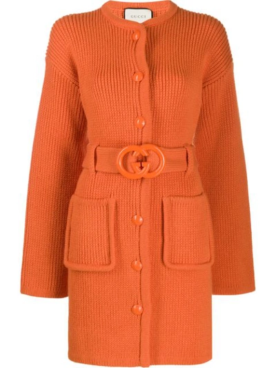 Gucci Gg Belted Wool Knit Maxi Cardigan In Orange