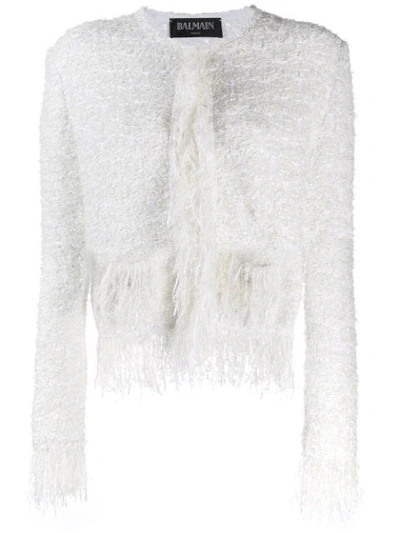 Balmain Tweed Fringed Jacket In White