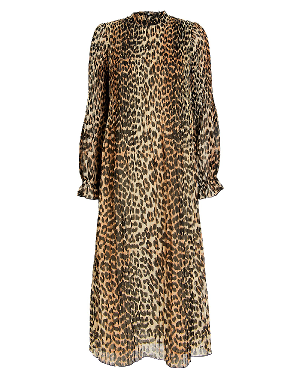 Ganni Leopard Print Sheer Georgette Long Sleeve Midi Dress In Brown ...