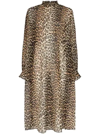 Ganni Leopard Print Sheer Georgette Long Sleeve Midi Dress