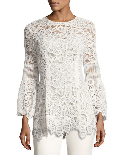 Lela Rose Long-sleeve Corded Lace Top, White | ModeSens