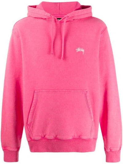 Stussy Logo-embroidered Mélange Fleece-back Cotton-jersey Hoodie In Pink