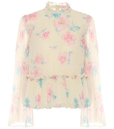 Ganni Pleated Georgette Floral High-neck Peplum Blouse In Afterglow