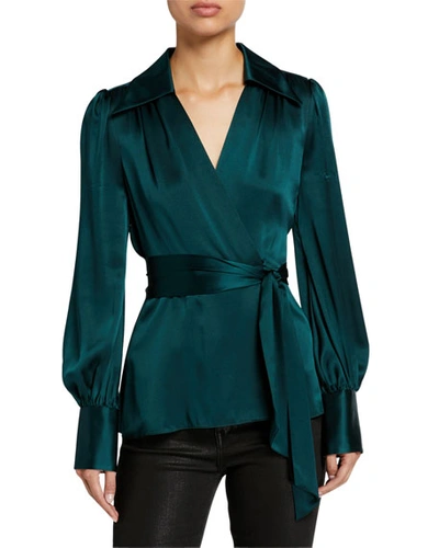 Elie Tahari Shay Long-sleeve Silk Satin Wrap Blouse In Black Forest