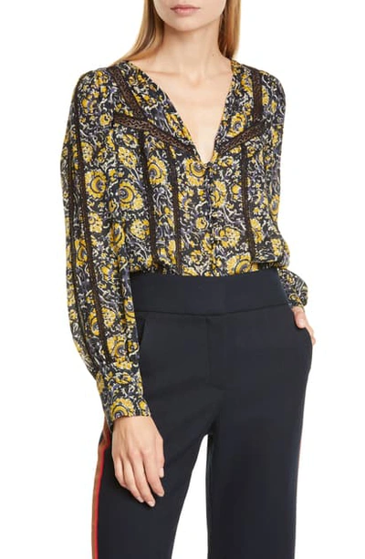 Veronica Beard Tarry Printed Lace-inset Blouse In White Multi