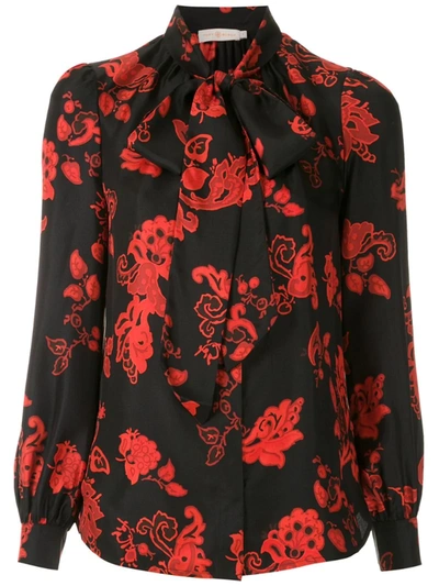 Tory Burch Floral Tie-neck Long-sleeve Silk Blouse In Black