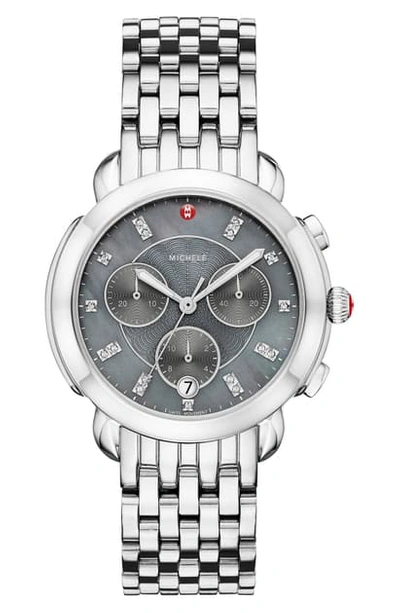 Michele 38mm Sidney Diamond-dial Chronograph Watch, Silver/gray In Silver/ Light Grey Mop