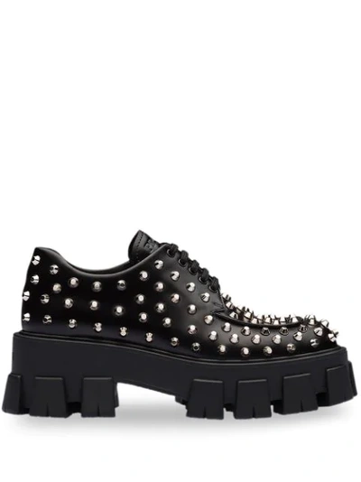 Prada Monolight Brushed Leather Laced Shoes In Black