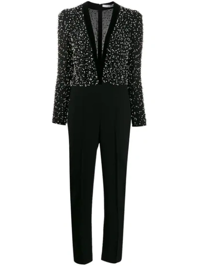 Givenchy Velvet-trimmed Bead-embellished Silk-crepe Jumpsuit In Black
