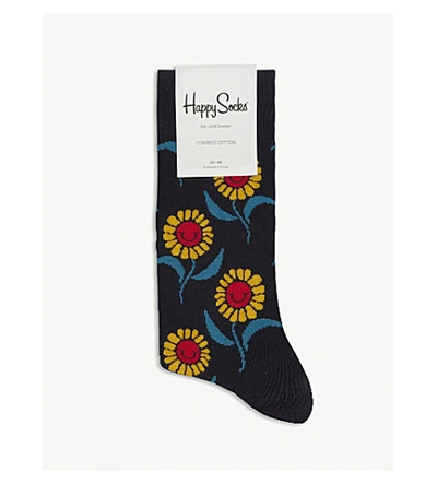 Happy Socks Smiling Sunflower Socks In Navy | ModeSens