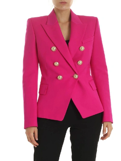 Balmain Wool Jacket With Gold Buttons In Fuxia