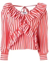 Msgm Striped Ruffle Blouse In Pink Red
