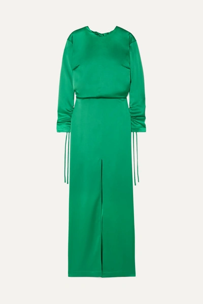 Cedric Charlier Open-back Ruched Satin Gown In Emerald