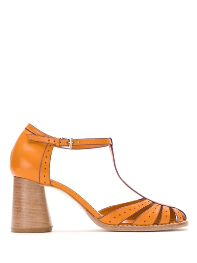 Sarah Chofakian Block Heel Leather Pumps In Orange