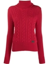 Be Blumarine Roll Neck Cable Knit Sweater In Red