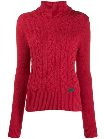 Be Blumarine Roll Neck Cable Knit Sweater In Red