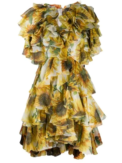 Dolce & Gabbana Sunflower Print Ruffled Dress In Neutrals