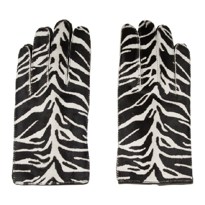 Raf Simons Black And White Leather Zebra Gloves In 09912 Blkna