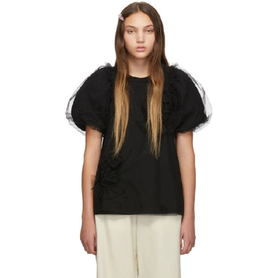 Simone Rocha Pink Ruched Flowers Puff Sleeves T-shirt In Black/ Blac