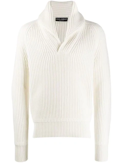 Dolce & Gabbana Cashmere Shawl Lapel Ribbed Jumper In White
