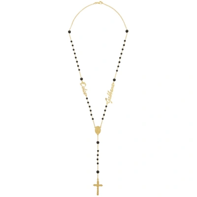 Dolce & Gabbana Black Logo Rosary Necklace In Gold