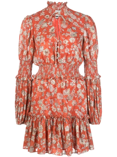 Alexis Rosewell Smocked Floral-print Jacquard Mini Dress In Red
