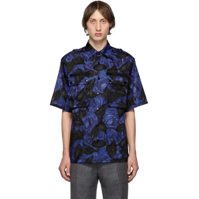 Prada Men's Rose-print Gabardine Short-sleeve Sport Shirt In Blue
