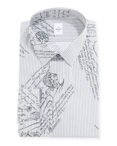 Berluti Men's Scritto Stripe Dress Shirt W/ Hidden Buttons In Gray
