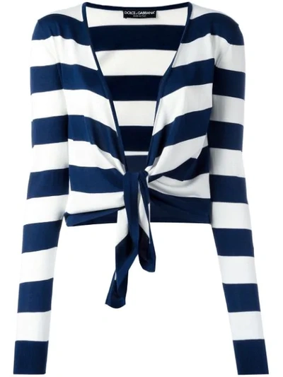 Dolce & Gabbana Waist-tie Striped Silk Cardigan In Blue Stripe