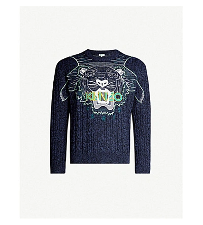 Kenzo Tiger-embroidered Wool-blend Jumper In Navy Blue