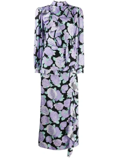 Miu Miu High-neck Gathered Floral-print Silk Midi Dress In F0j2v Nero + Glicine