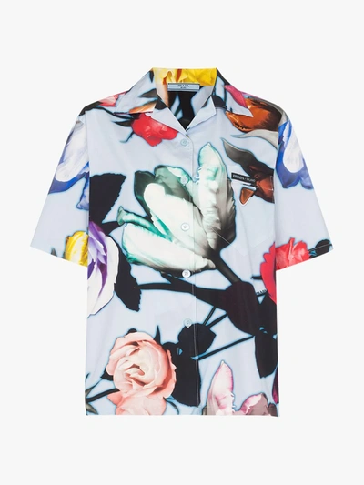 Prada Floral-print Regular-fit Cotton Shirt In Celeste