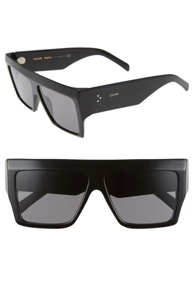 Celine Unisex Polarized Flat Top Square Sunglasses, 57mm In Shiny Black/smoke Polarized