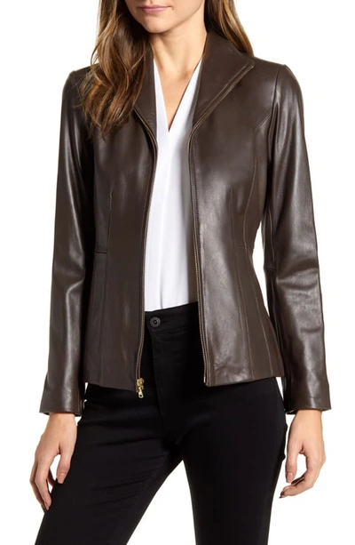 Cole Haan Wing Collar Leather Jacket In Espresso