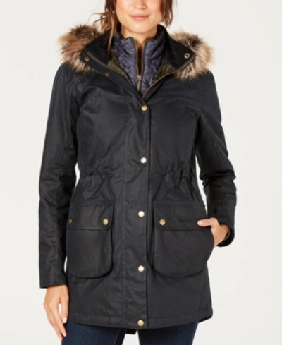 Barbour Thrunton Waxed Cotton Parka With Faux-fur-trim Hood In Navy/classic